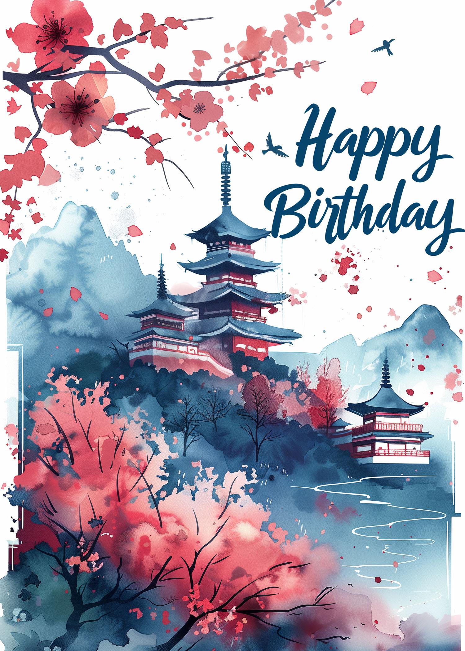 Happy Birthday Card, Japanese Palace and Sakura, Watercolor Style