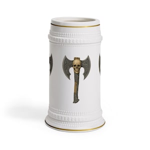 Viking Skull and Axe Beer Stein Mug, Custom Beer Stein, Viking Root Beer Mug, Ceramic Beer Mug, German Mug, Viking Ax Tankard