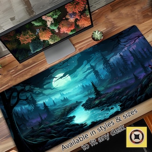 May include: A dark blue and purple fantasy forest scene with a river and a full moon. The scene is printed on a black mousepad with the text "Available in styles & sizes to fit any desk".