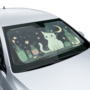 Kawaii Green Witch Cat Car Sun Shade, Witchy Car Accessory, Kawaii Windshield Cover, Witch Car Shade, Kawaii Car Shade