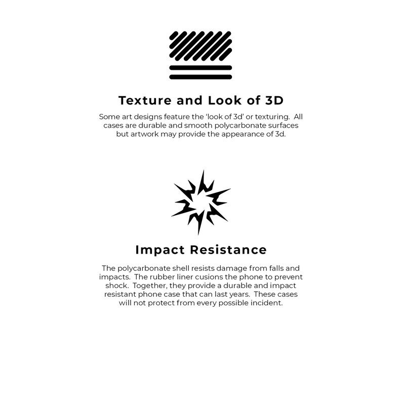May include: A black and white illustration of a textured surface and a starburst shape. The text 'Texture and Look of 3D' and 'Impact Resistance' is below the illustrations. The text explains that the phone cases are durable and smooth, but may provide the appearance of 3D. The text also explains that the polycarbonate shell resists damage from falls and impacts.