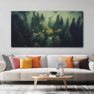 Fireflies Light the Foggy Forest Twilight Canvas Wall Art Print - Forest Wall Decor - Living Room Wall Hanging - Matte Canvas, Stretched
