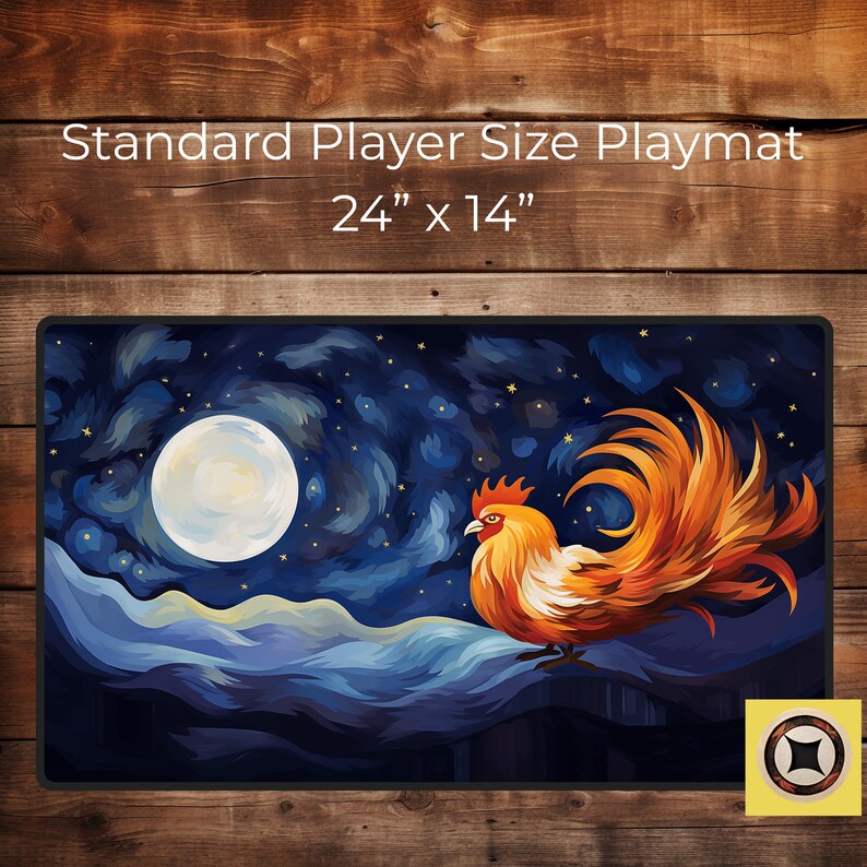 May include: A standard size playmat featuring a rooster standing on a hill with a full moon and starry night sky in the background. The playmat is 24 inches by 14 inches.