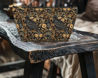 Middeleeuwse bloemenraaf schattige donkere Cottagecore make-uptas, etui, accessoirezakje met T-bodem, make-uptasje