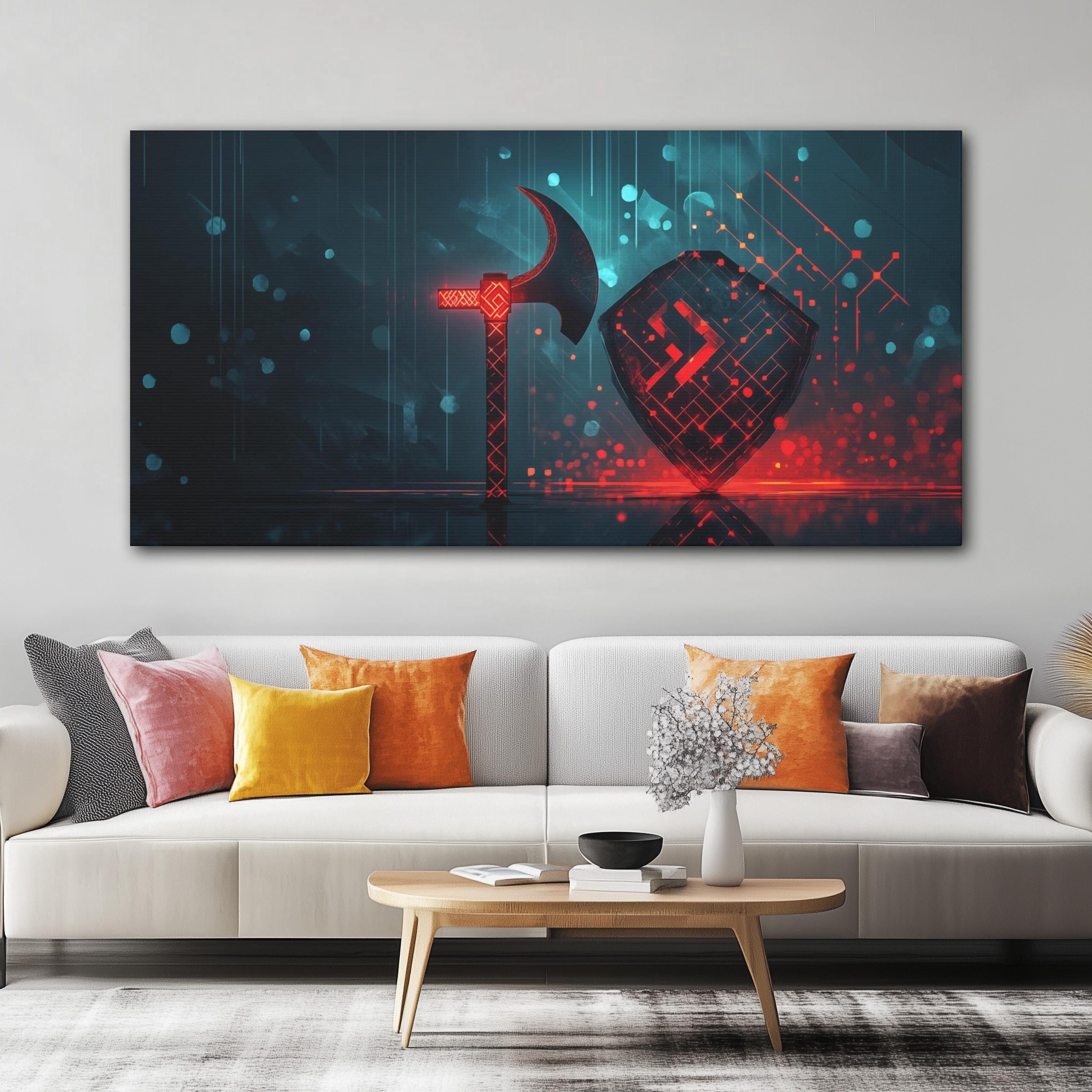 Cyber Viking Axe and Shield Fantasy Canvas Art Print
