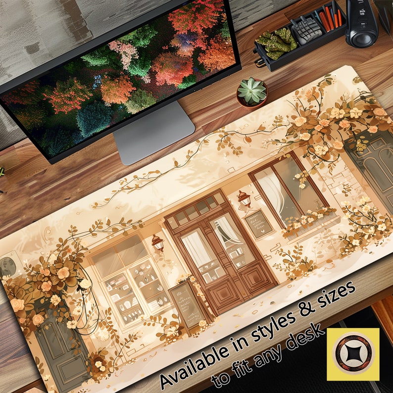 Puede incluir: Un tapete de escritorio ilustrado en beige y marr&oacute;n que presenta una tienda con una puerta marr&oacute;n, ventanas y enredaderas con flores amarillas. El texto "Coffee & Bakery" es visible en la tienda. El texto "Disponible en estilos y tama&ntilde;os para adaptarse a cualquier escritorio" est&aacute; en la parte inferior del tapete.