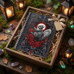 Cute Gray Squirrel, Moon, Roses - Personal Diary or Journal - Shopping Notebook - Spiral Bound Notebook with 118 90gsm pages, 300gsm cover