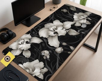 Monochrome Orchid Desk Mat: Elegant Black & White Floral Mouse Pad