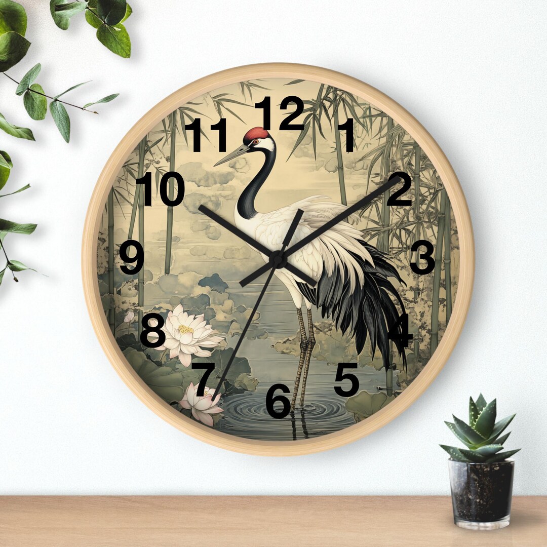 Round Wall Clock Featuring Oriental Asian Crane in Bamboo Forest With ...