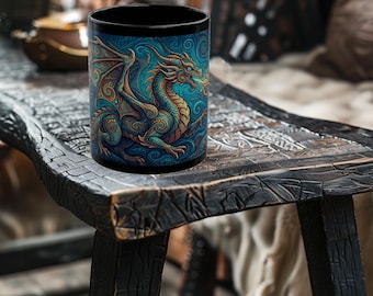 Dragon Lovers Fantasy Colorful Pointillism Dragon - Black Ceramic 11oz/15oz