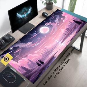 Pink Kawaii Serene Midnight Full Moon Sky, River, Clouds and Forest Cute Desk Mat, Anime Mousepad, Aesthetic Desk Pad, Lofi Desk Mat