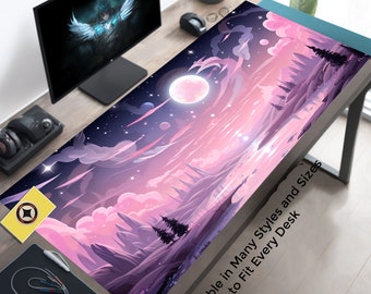 Pink Kawaii Serene Midnight Full Moon Sky, River, Clouds and Forest Cute Desk Mat, Anime Mousepad, Aesthetic Desk Pad, Lofi Desk Mat