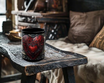 May include: A black ceramic mug with a red heart design on a rustic wooden table. The mug is decorated with intricate details and a gold trim.