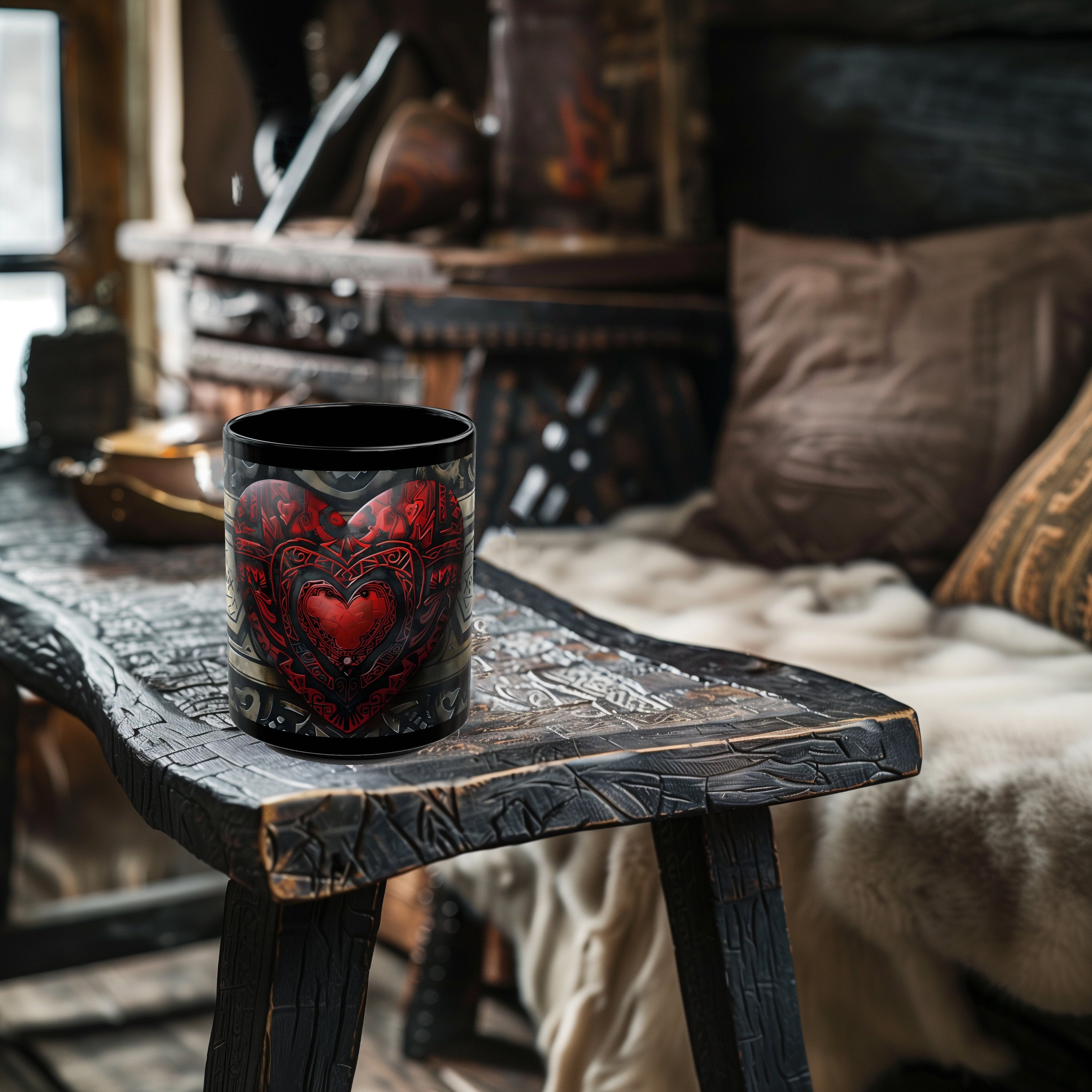 Aztec Heart Black Ceramic Coffee Mug – 11oz or 15oz