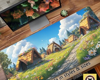 Kawaii Desk Mat Featuring Viking Long Houses in Spring - Cute Desk Pad - Kawaii Mousemat Deskpad - Kawaii Desk Decor - Kawaii Accessories