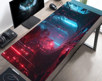 Cyberpunk Forest Gaming Desk Mat, Techno Futuristic Nature Mousepad, Neon Red Mouse Pad, Small, Large, Round