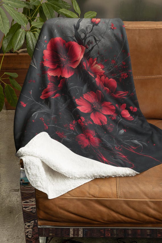 Large Soft Fleece Blanket - Electric Goth Black and Red Flowers - Goth Throw Blanket - Dark Fantasy Blanket - Dark Romanticism Gifts