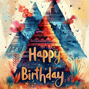 Cartão de feliz aniversário inspirado em pirâmide asteca em aquarela, cartão de felicitações de aniversário exclusivo, download instantâneo, cartão para impressão em casa