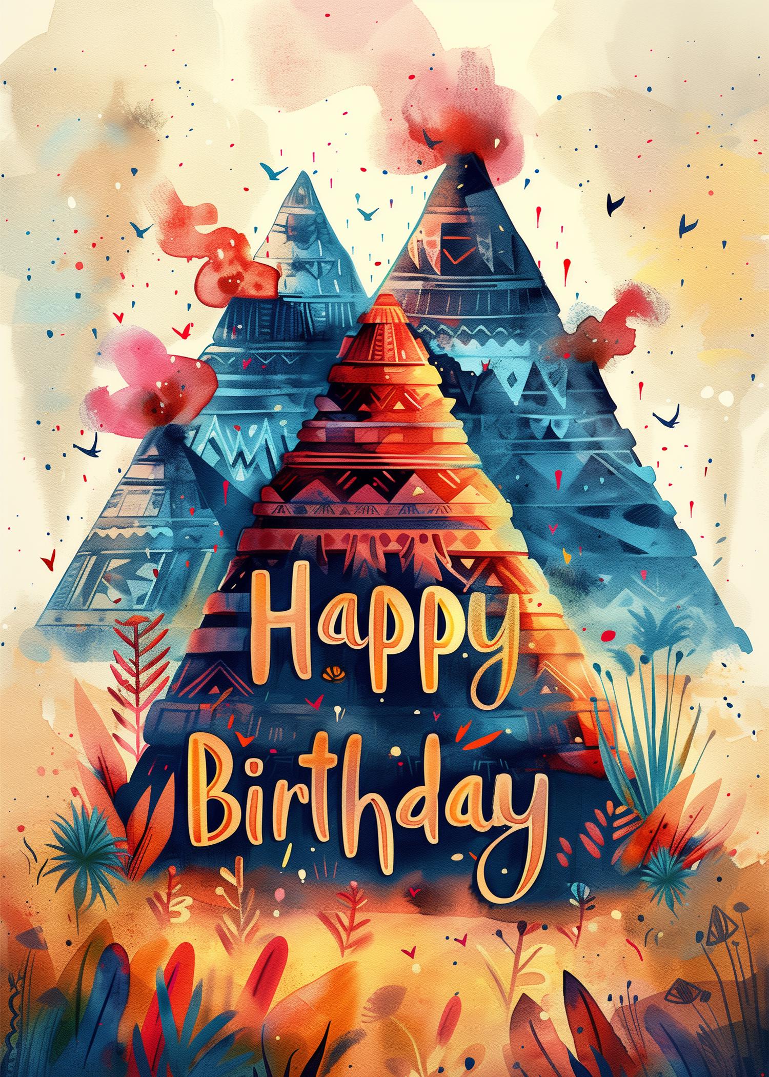 Aztec Pyramid Watercolor Birthday Card – Printable Download