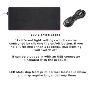 Puede incluir: Alfombrilla de rat&oacute;n rectangular negra con un cable USB. La alfombrilla de rat&oacute;n tiene luces LED alrededor de los bordes que se pueden controlar con un bot&oacute;n en el cable. El texto "LED Lighted Edges" se muestra encima de la alfombrilla de rat&oacute;n.