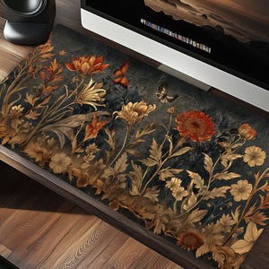 May include: A dark gray mousepad with a floral design featuring gold and red flowers, butterflies, and leaves.