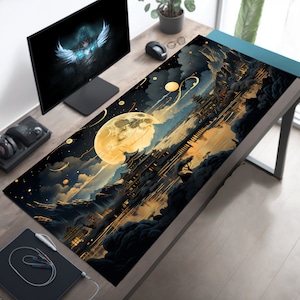Tappetino da scrivania con luna piena giapponese fantasy, decorazioni da scrivania giapponesi, tappetino per mouse giapponese, arredamento per ufficio giapponese, regali giapponesi