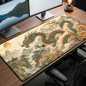 Vintage Chinese Dragon Desk Mat | Oriental Scroll Art Mousepad