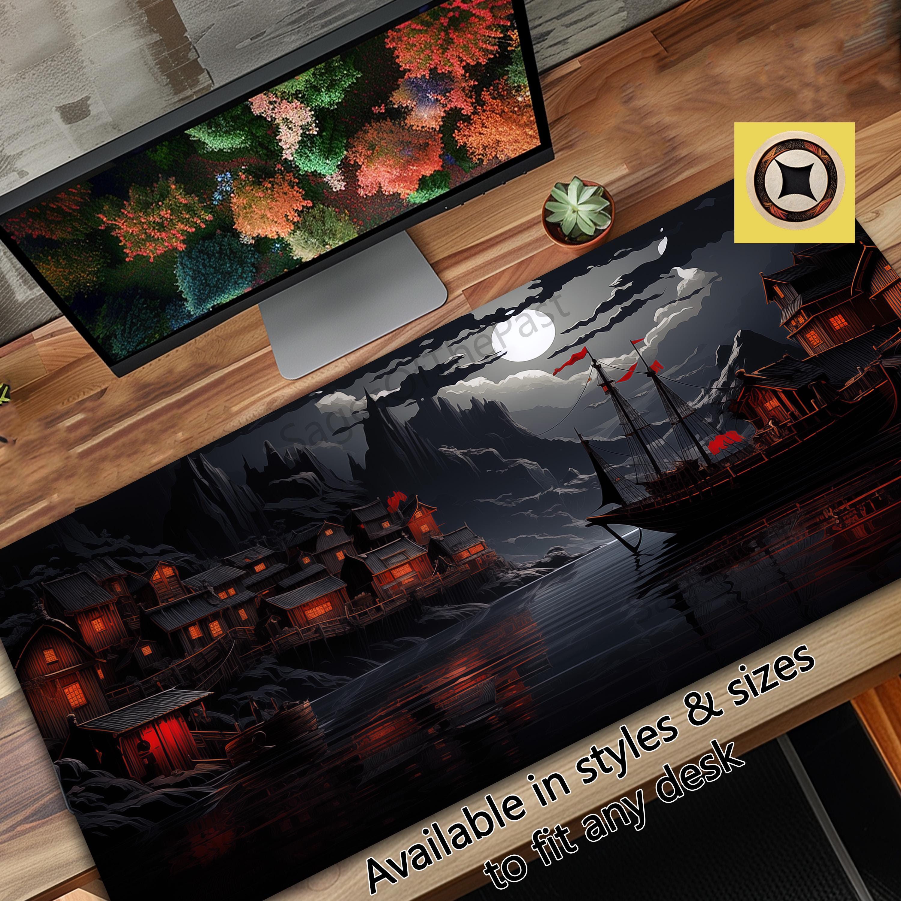 Fantasy Viking Village Gaming Playmat Desk Pad In Black Gray and Red - Gamer Gift - TCG Desk Mat Oversized Mousepad XL - Giant Mouse Pad
