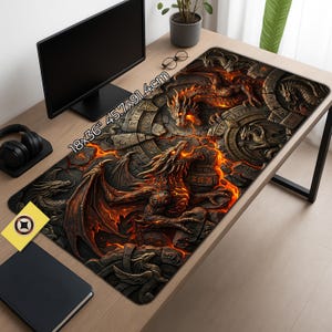 May include: A large desk mat featuring a detailed fantasy dragon design in shades of red, orange, and gray. The mat measures 18x36 inches (45.7x91.4cm) and includes the text "18x36 45.7x91.4cm". The design showcases two dragons amidst a stone background.
