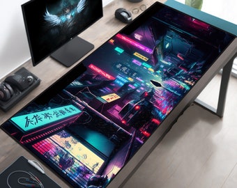 Cyberpunk Desk Pad, Tokyo Mousepad XL, Japan Mouse Pad, Bold Artistic Colors, Purple City Streets, Lo Fi Playmat, Large Playing Mat