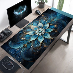 Aesthetic Desk Mat, Blue Mouse Pad, Celestial Mousepad, Floral Mandala Desk Pad, Girly Desk, Girl Gamer Gift, Large Computer Keyboard Pad