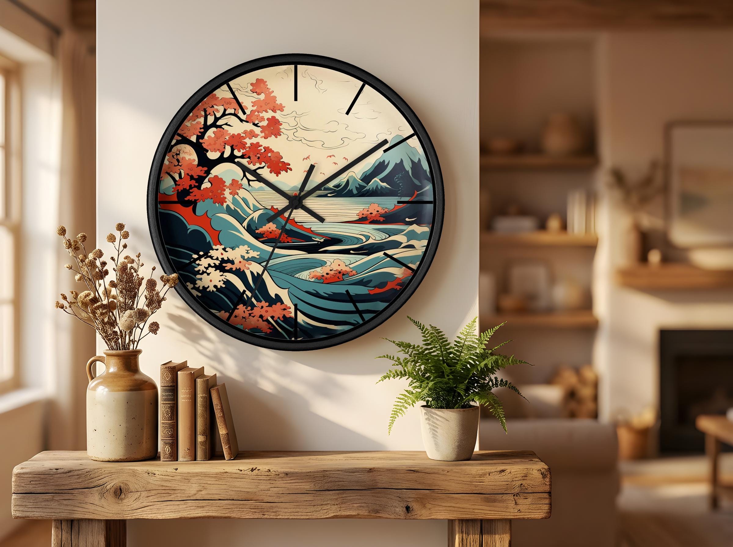Sakura Waves Japan Wall Clock, Japanese Round Wall Clock, Asian