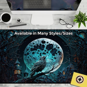 Dark Academia, Raven Watches the Town, Large Mousepad Extend Mouse Pad Oversized Desk Mat Gothic Desk Pad Goth Computer Keyboard XL XXL