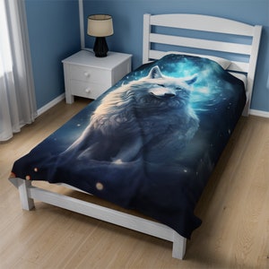 Himmlische weiße Wolf-Decke, Wolf-Tagesdecke, Wolf-Bettdecke, Samt-Plüsch-Decke