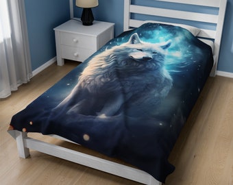 Celestial White Wolf Blanket, Wolf Bedspread, Wolf Bed Covering, Wolf Throw Blanket, Velveteen Plush Blanket