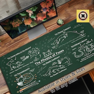 Op de afbeelding: Een groene bureaumat met witte illustraties en tekst over vossen, waaronder "The Physics of Foxes" en "Fox Pounce Trajectory". De mat bevat ook de tekst "Available in styles & sizes to fit any desk."