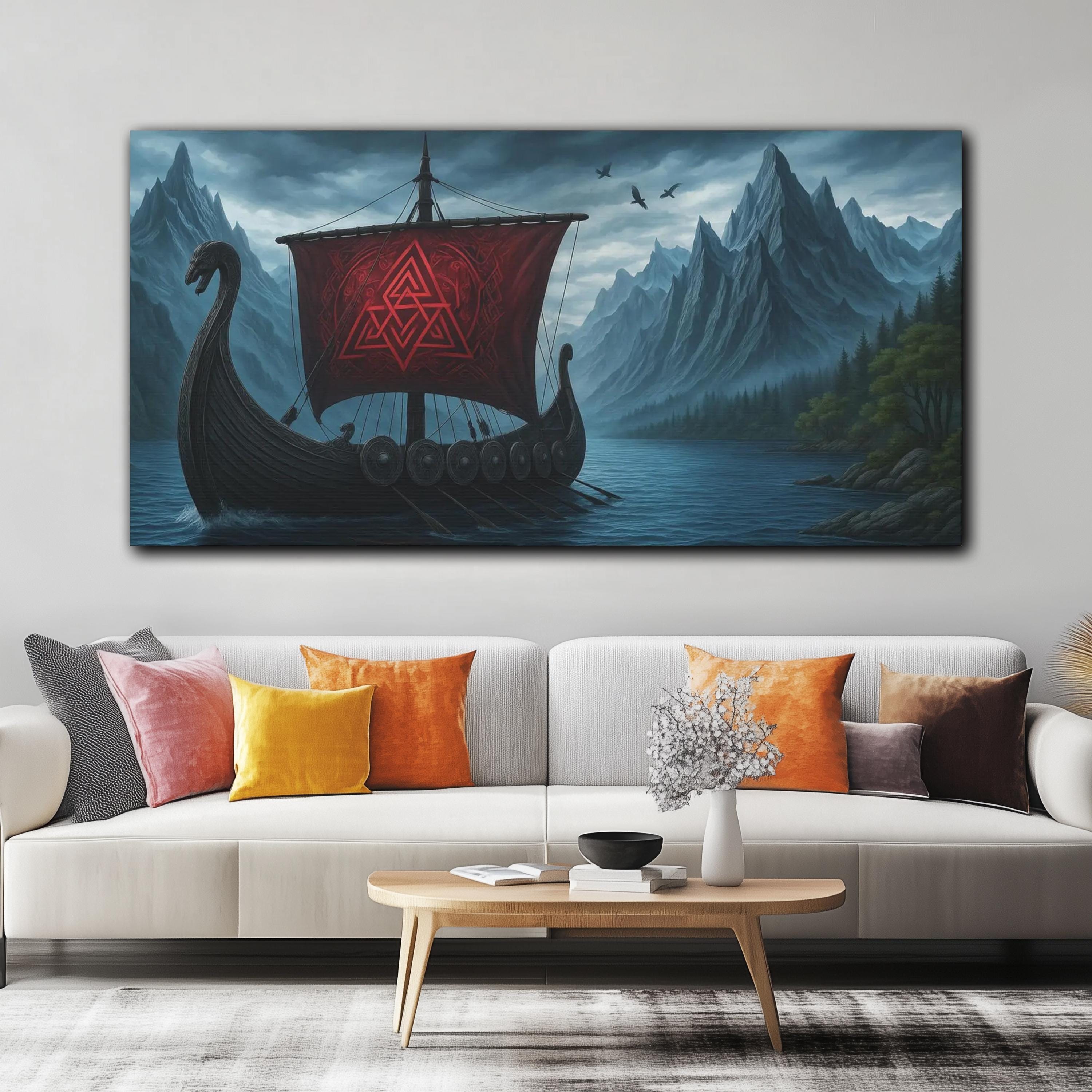 Viking Longboat on the Fjord Canvas Wall Art