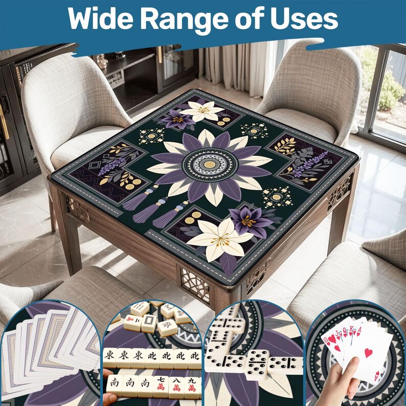 May include: A square game table mat featuring a dark green background with a large central purple and white floral mandala design, surrounded by smaller floral motifs and tassels. The text Wide Range of Uses appears at the top.