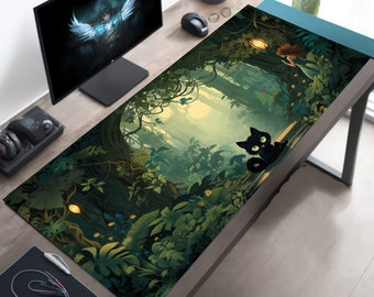 Art Nouveau Fantasy Forest Cat Desk Mat, Green Mouse Pad, Nature Mousepad, Gaming Desk Pad, Gamer Gift, Cat Lovers Desk Decor, Cute Office