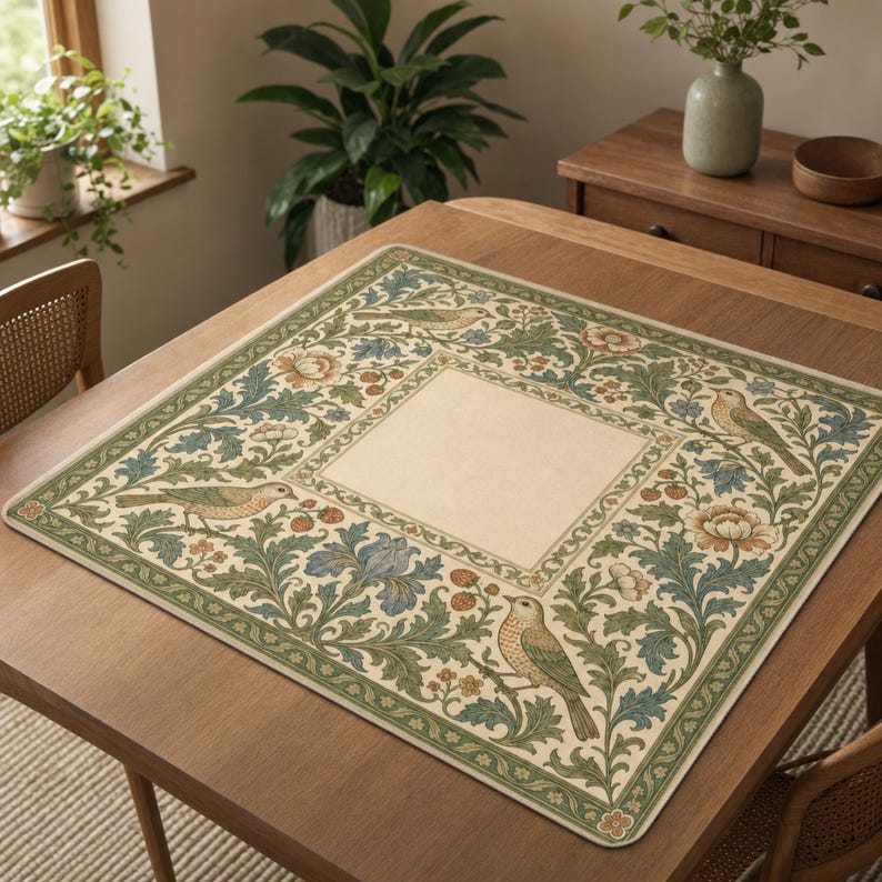 May include: A square table mat featuring a cream-colored center bordered by a detailed botanical print. The border displays birds perched among green foliage, blue iris flowers, and orange blossoms, creating a decorative frame on the fabric.