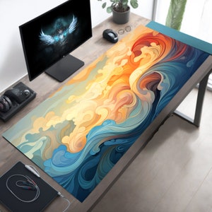 May include: A large, colorful desk mat with a swirling pattern of blue, yellow, and orange waves. The mat is designed to look like a stylized ocean scene.