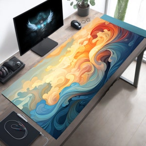 Cute Mouse Pad, Aesthetic Mousepad, Gold and Blue Swirls, Long Mousemat, Extended Desk Decor, Game Table Accessory