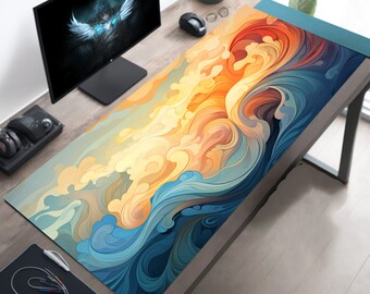 Cute Mouse Pad, Aesthetic Mousepad, Gold and Blue Swirls, Long Mousemat, Extended Desk Decor, Game Table Accessory
