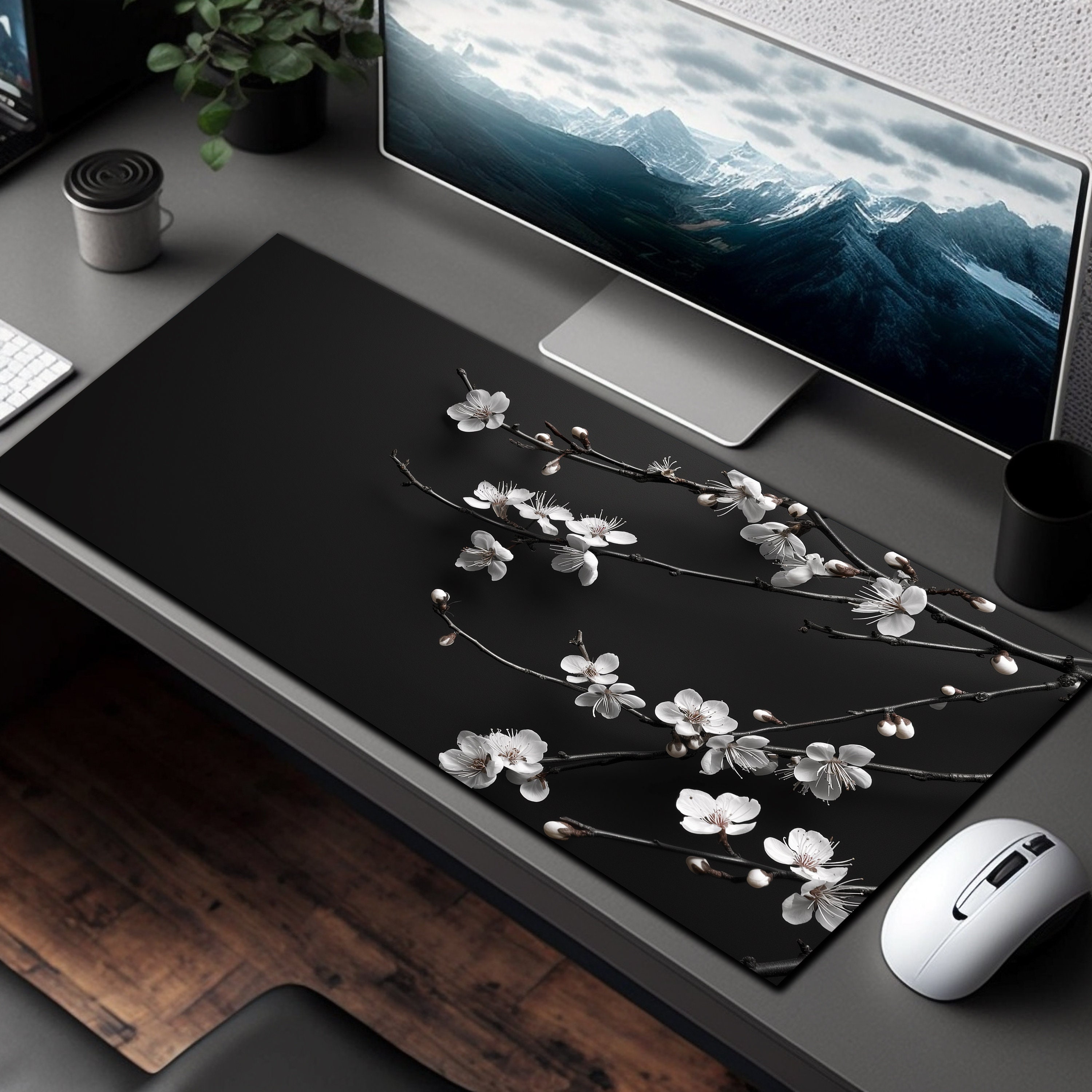 Sakura Desk Mat, Minimalist Desk Pad, Black Desk Decor, Aesthetic