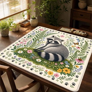 May include: A square mat featuring a central illustration of a gray and white raccoon sitting on a patch of green grass. The design is surrounded by colorful wildflowers, green ferns, a small butterfly, and black paw prints on a white background.