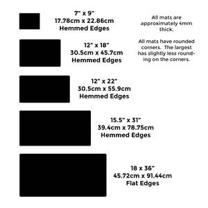 May include: A diagram showing various black mats with dimensions in inches and centimeters. Sizes include 7" x 9", 12" x 18", 12" x 22", 15.5" x 31", and 18" x 36". The mats have hemmed or flat edges and are approximately 4mm thick.