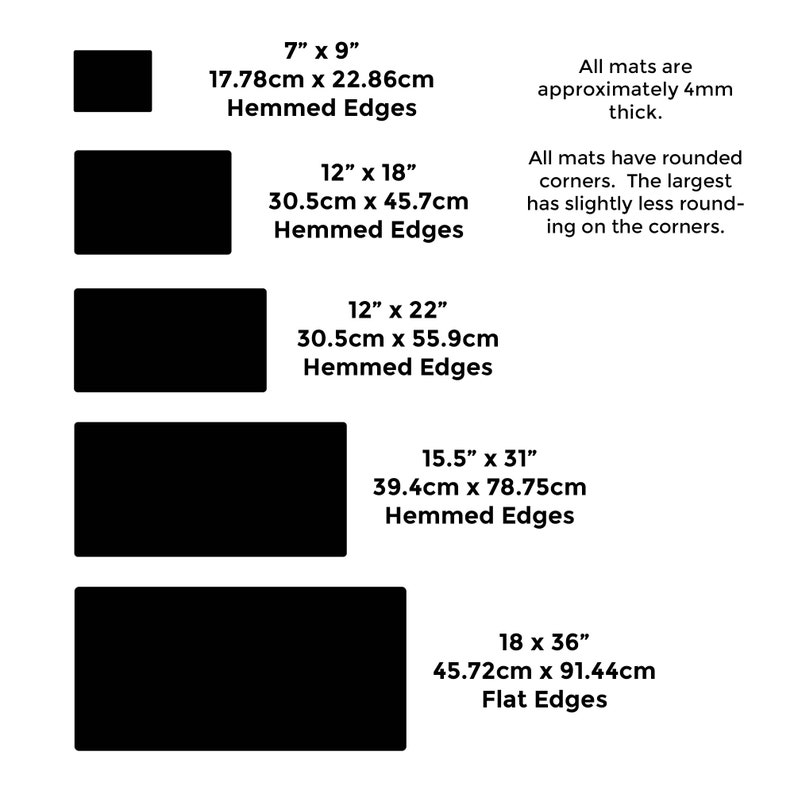 May include: A diagram showing various black mats with dimensions in inches and centimeters. Sizes include 7" x 9", 12" x 18", 12" x 22", 15.5" x 31", and 18" x 36". The mats have hemmed or flat edges and are approximately 4mm thick.