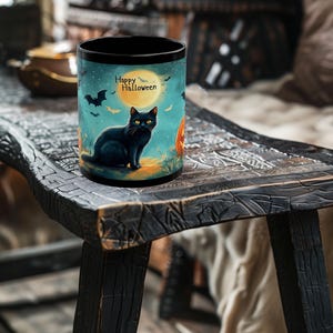 Cute Spooky Black Cat Halloween Mug - Jack-o-Lanterns, Black Cat, Bats - Cute and Spooky Mug - 11oz or 15oz Black Ceramic Mug