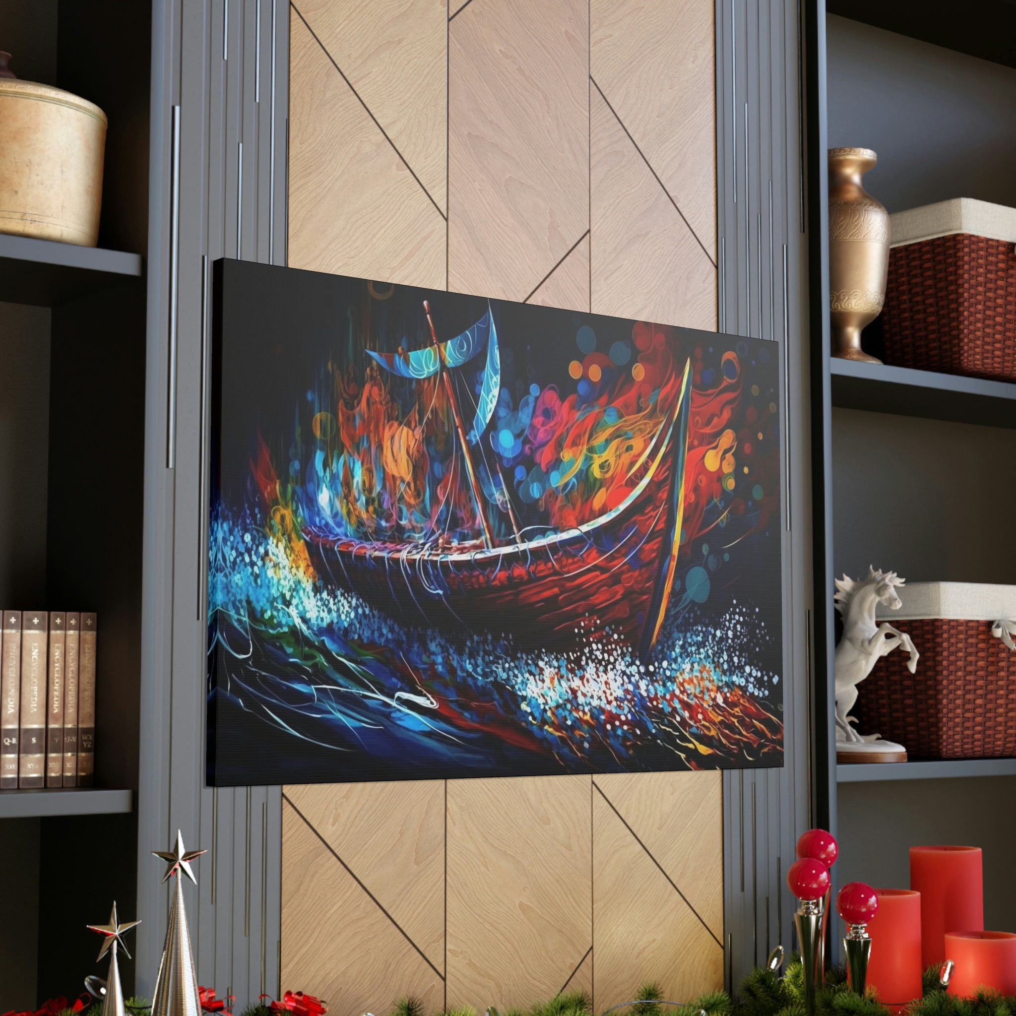 Viking Ship Alcohol Ink Canvas Wall Art