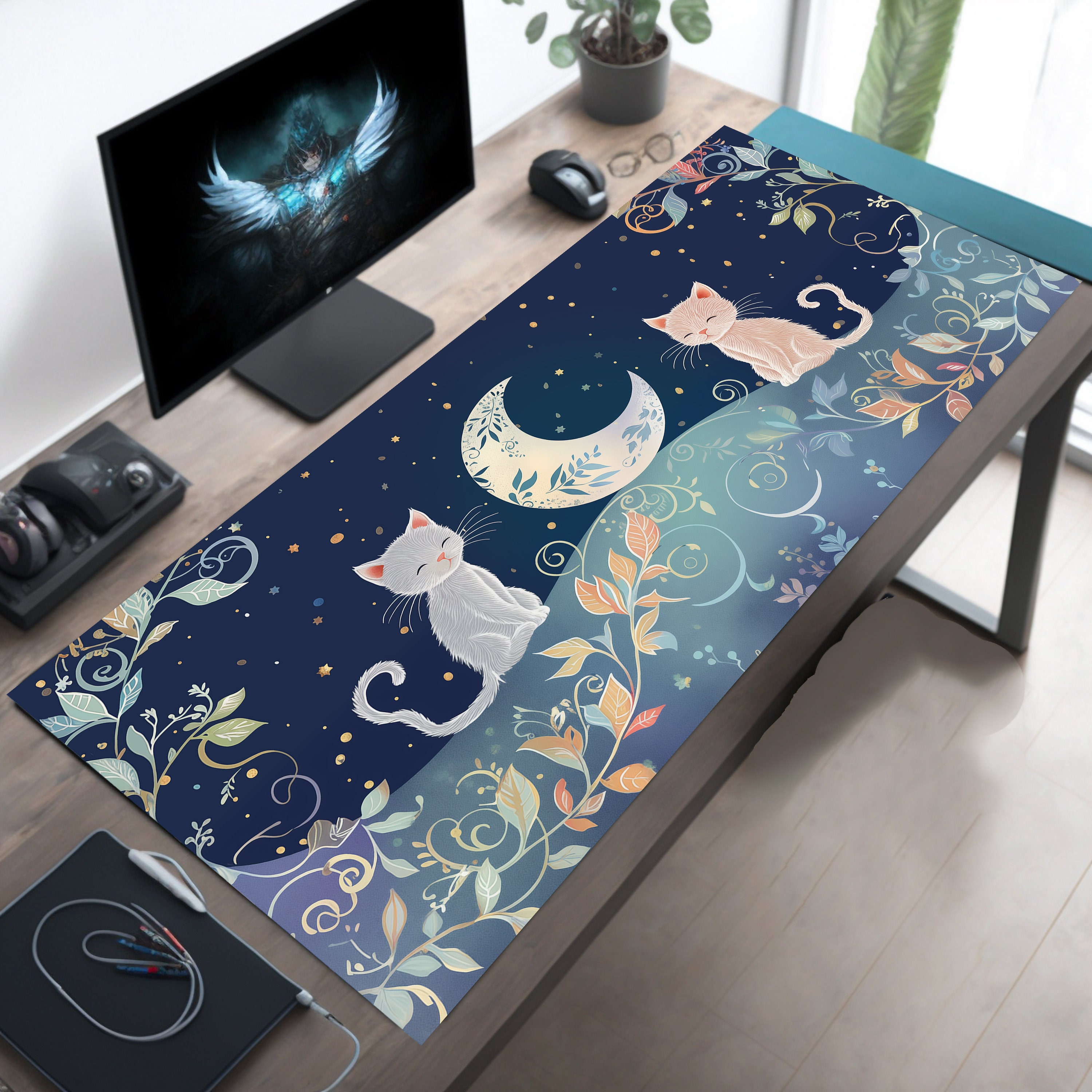 Moon Cat Large Gaming Mouse Pad,Black XXL Mouse Pad Gaming 31.5 X 15.7 In Mouse Mat Desk Pad,Cute Desk Mat,Extended Keyboard Pad Mousepad With